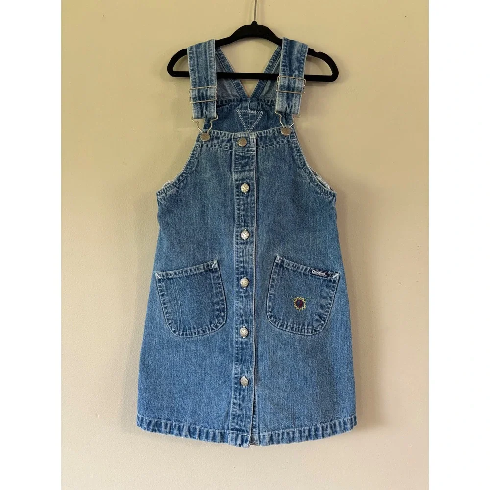 Vintage OshKosh Bgosh Girls Denim Overall Jumper Dress Sunflower Blue Size 6
